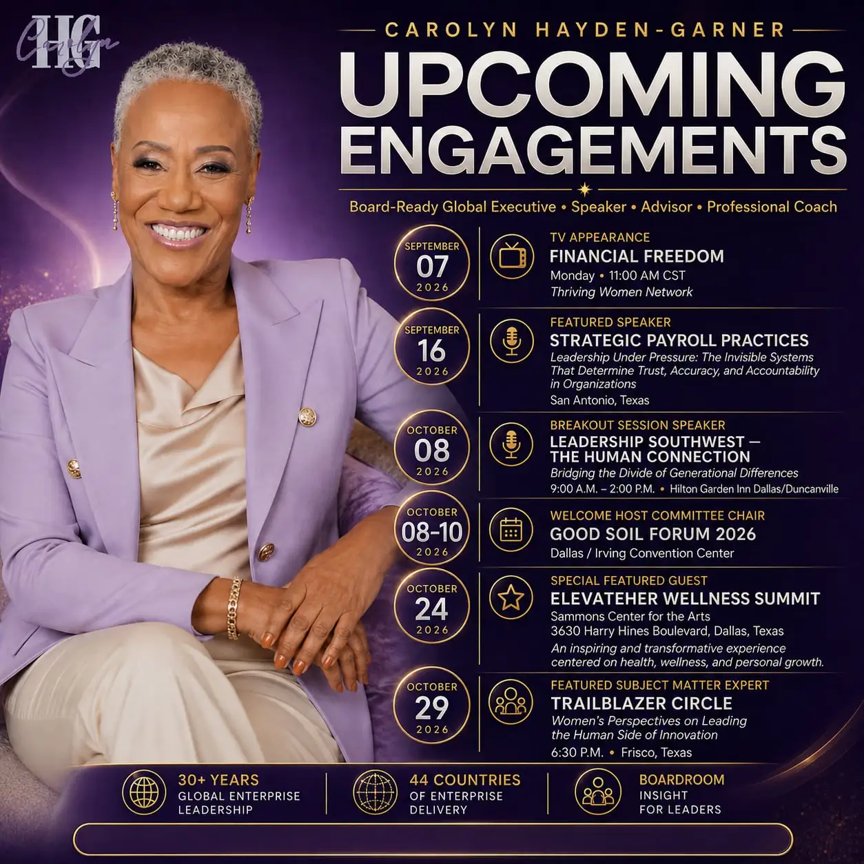 Combined upcoming engagements poster for Carolyn Hayden-Garner